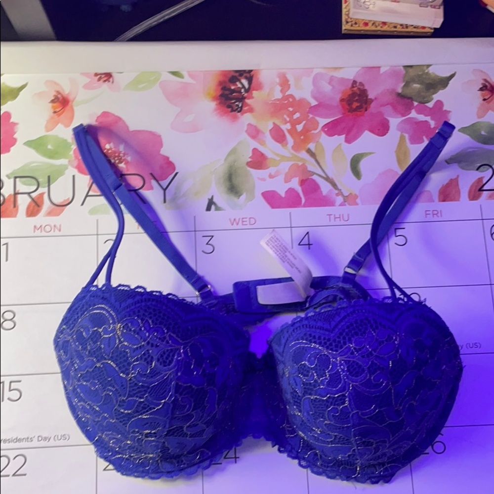 Dark Blue & Gold Push-Up Bra 34C Lace Detail Sexy